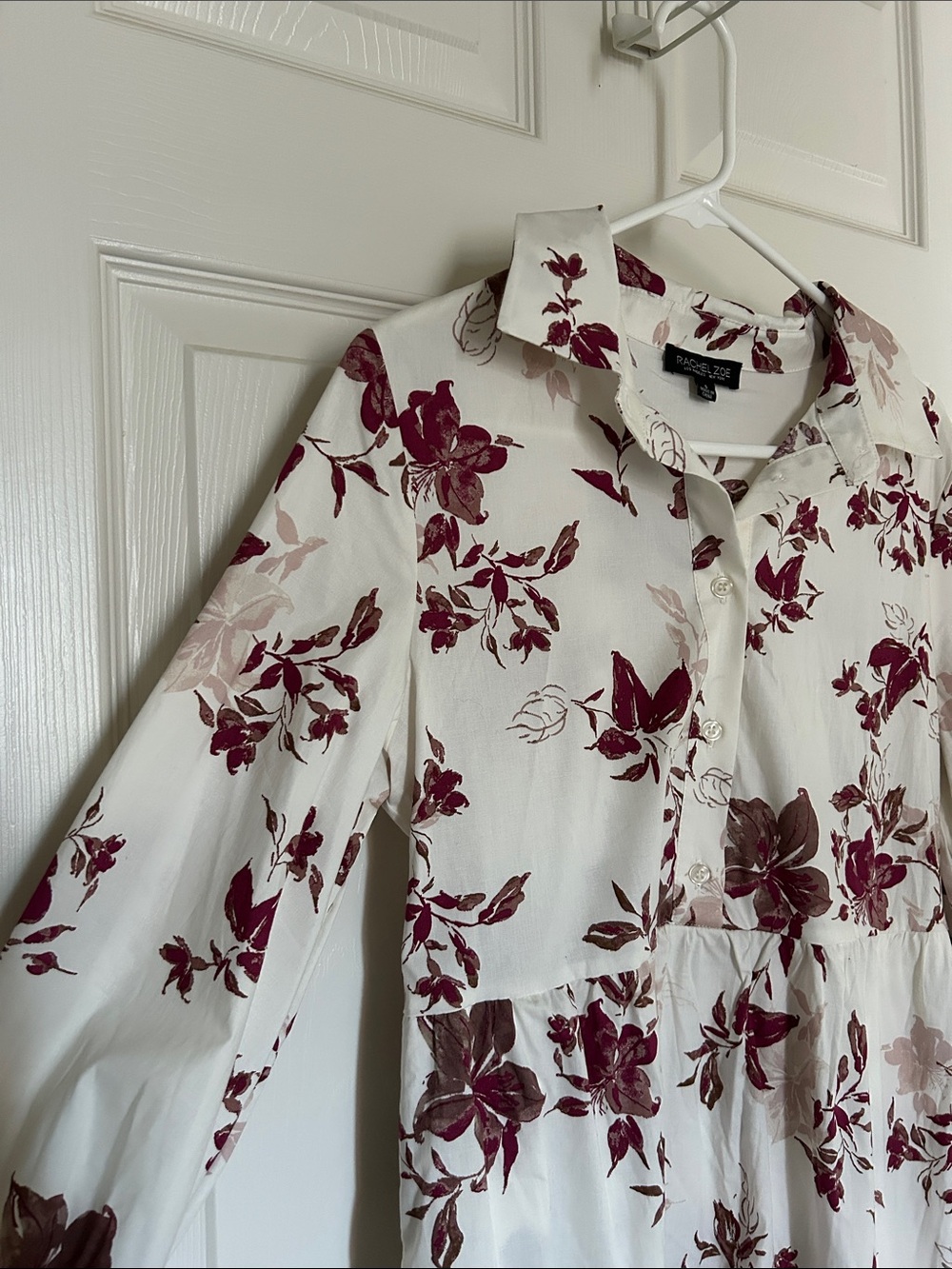 Women's White Floral Tiered Shirt Dress with Burgundy Print